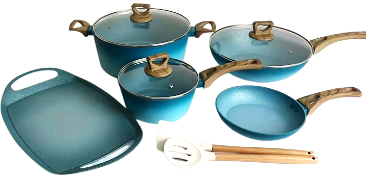 NEWARE Large 10-Piece Turquoise Terracotta Cookware Set with Griddle – Perfect for Mexican Cuisine, Family Dinners & Outdoor Cooking