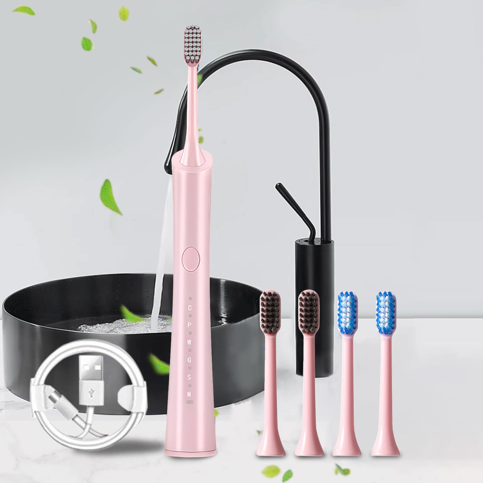 Electric Toothbrush for Adults & Kids - 32000 RPM High Frequency, 5 Brush Heads, IPX7 Waterproof, 6 Cleaning Modes, Fast Charging Rechargeable Battery - Travel Friendly Oral Care (Pink) - Perfect for Home, Office & Vacation Use
