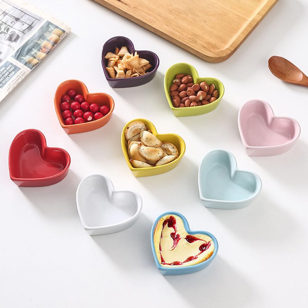 FUYU Colorful Heart Shaped Ceramic Ramekin Bowls - 4oz Mini Souffle Dishes, Pudding Cups & Snack Bowls for Desserts, Dips, Candles & Party Serving - Oven & Microwave Safe Kitchenware