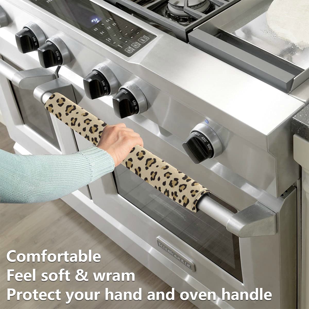 2 Pcs Leopard Print Refrigerator Door Handle Covers - Removable Kitchen Appliance Handle Protectors for Dishwasher, Microwave Oven - Soft Cloth Dust Covers for Home & Kitchen Use