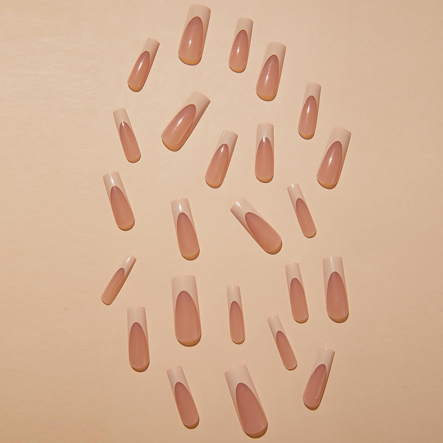 24Pcs French Tip Press On Nails - Extra Long Coffin Fake Nails with Nude Pink & Yellow Tips | Glossy Acrylic Artificial Nails for Women | Perfect for Summer, Parties, Weddings & Special Occasions