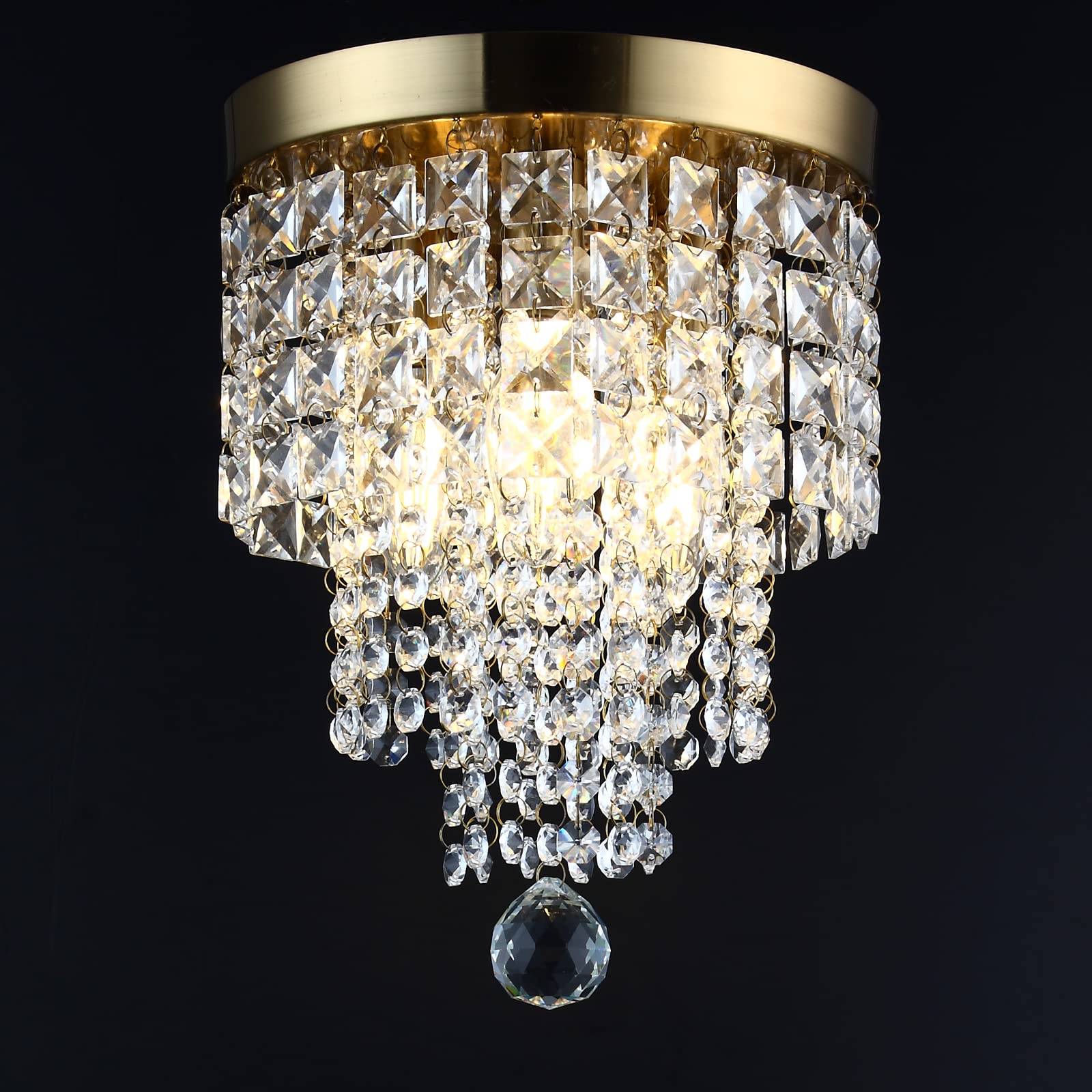 Modern Small 3-Light Gold Crystal Chandelier - Flush Mount Ceiling Pendant Lighting Fixture for Bedroom, Hallway, Living Room, Kitchen & Dining Room - Elegant Home Decor & Ambient Lighting Solution