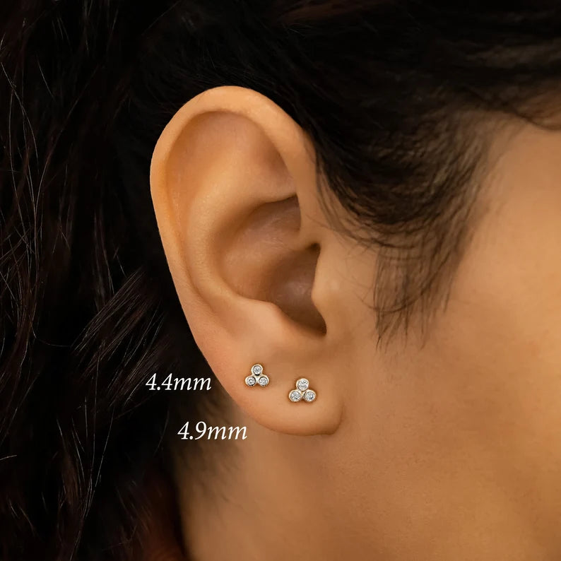 3 Stone Trio Bezel Set Stud Earrings for Women - 925 Sterling Silver Cubic Zirconia Earrings - Minimalist Elegant Jewelry Gift for Birthday, Anniversary & Valentine's Day
