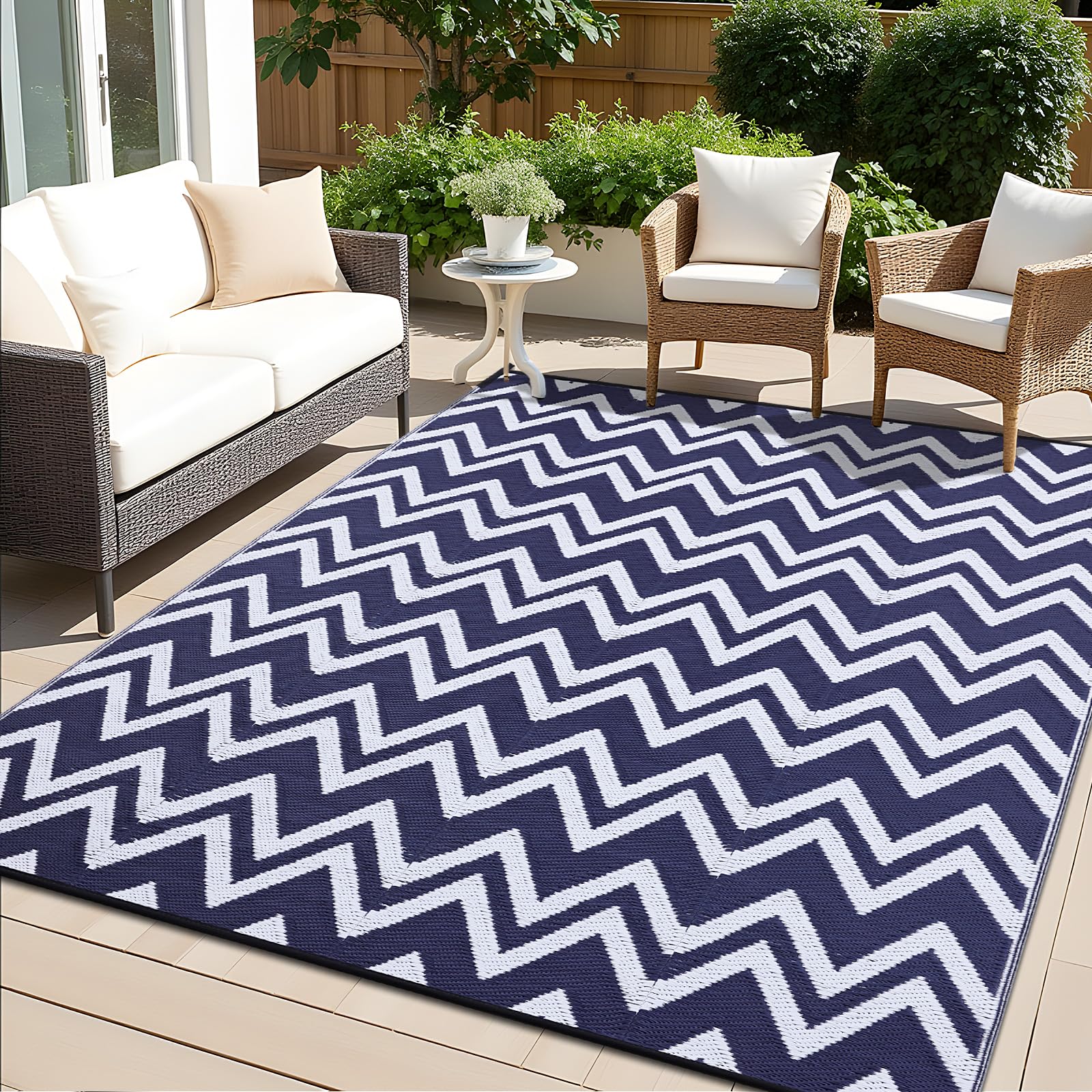 OLANLY 9x12 ft Waterproof Reversible Outdoor Rug - Non-Slip Plastic Straw RV Mat for Patio, Deck, Camping & Backyard - Navy & White Indoor/Outdoor Carpet | Perfect for Picnics, Beach Trips & Balcony Decor