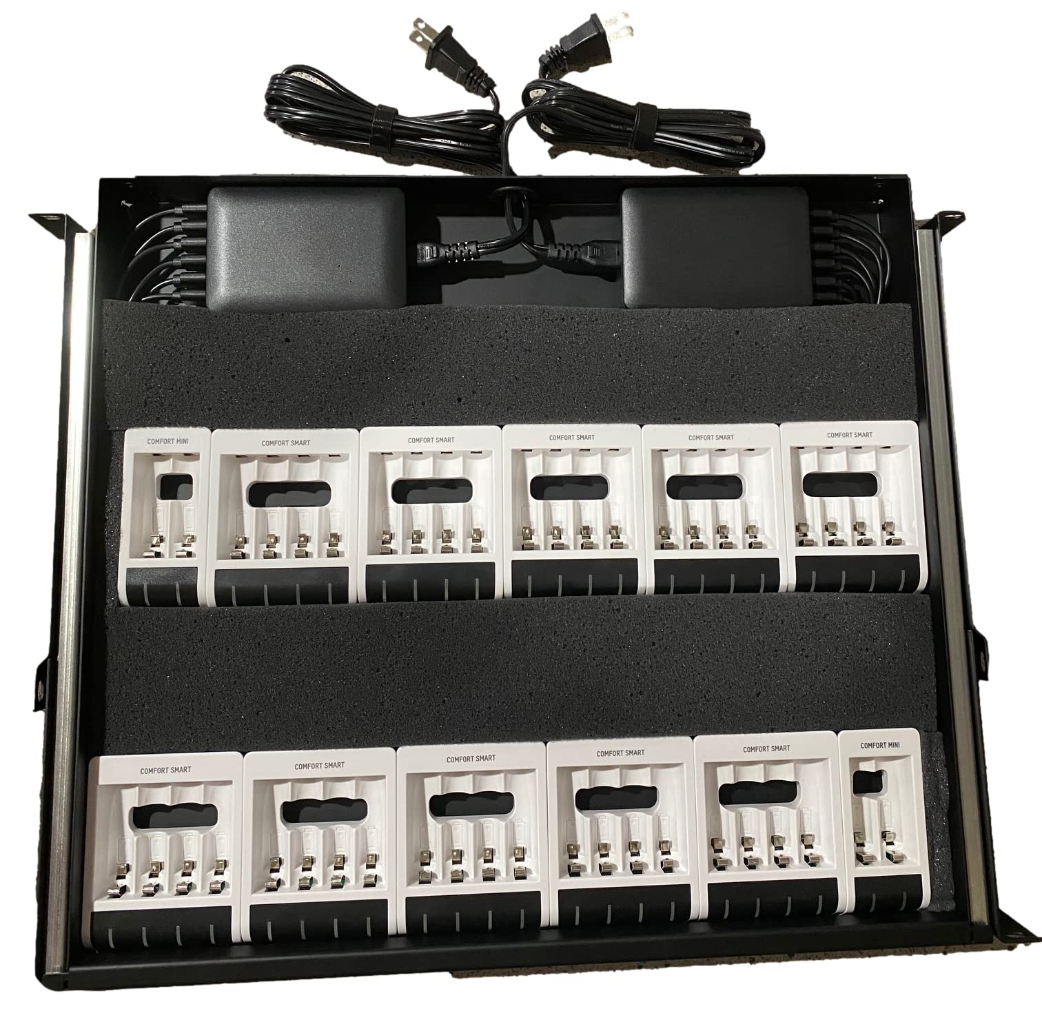 LMS Comfort Smart Rackmount Charging Drawer for 44 AA/AAA Rechargeable Batteries - Professional Battery Organizer for Home Office, Studio & Data Center Equipment