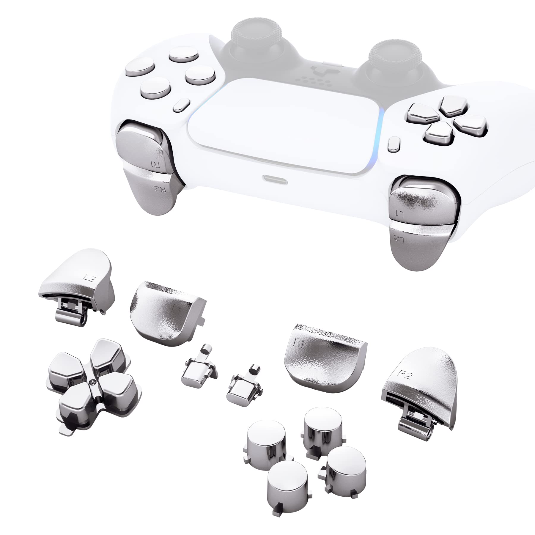 eXtremeRate PS5 Controller Button Set - Chrome Silver Replacement D-pad, R1 L1 R2 L2 Triggers & Face Buttons for BDM-010/BDM-020 | Gaming Accessories for Enhanced Playstation 5 Experience