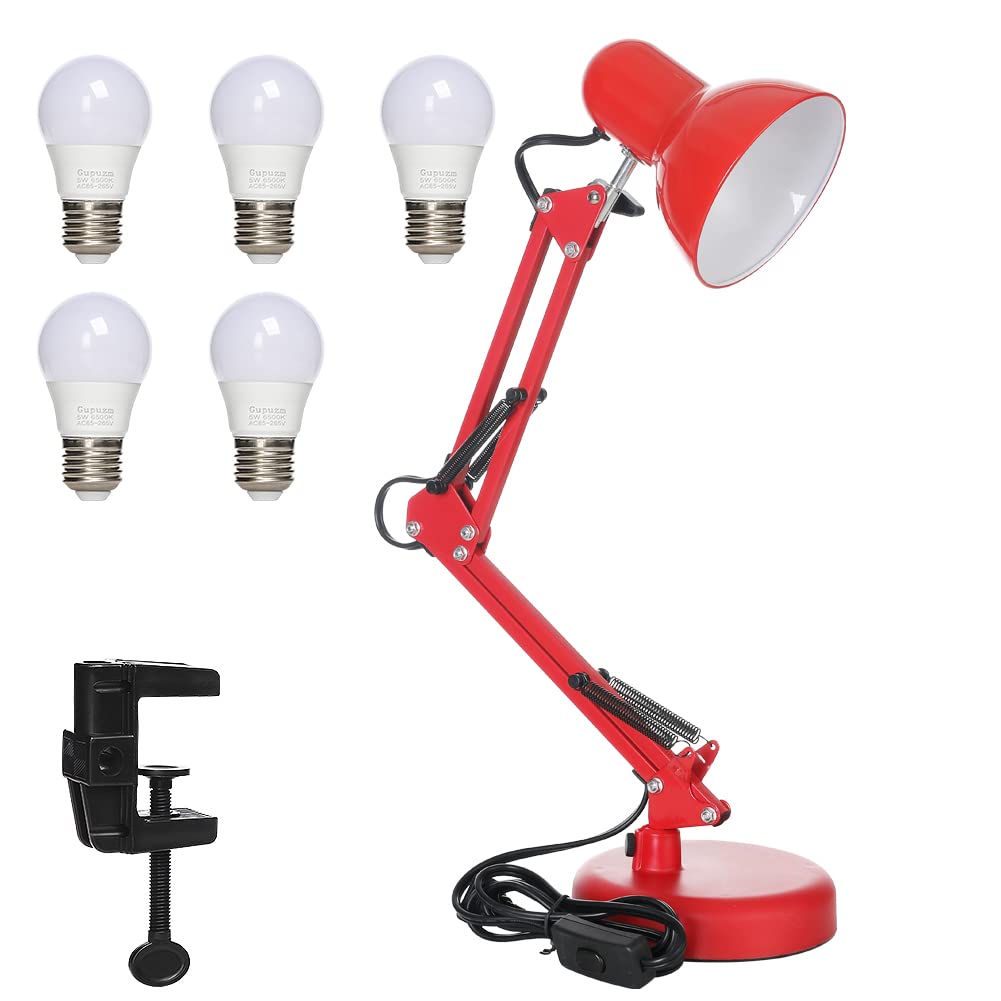 Gupuzm LED Desk Lamp with Clamp - Adjustable Swing Arm Task Light with 5 Energy-Efficient 6500K Cool White Bulbs - Foldable Table Lamp for Office, Study, Dorm & Eye Protection - Perfect for Reading, Writing & Computer Work (Red-5)