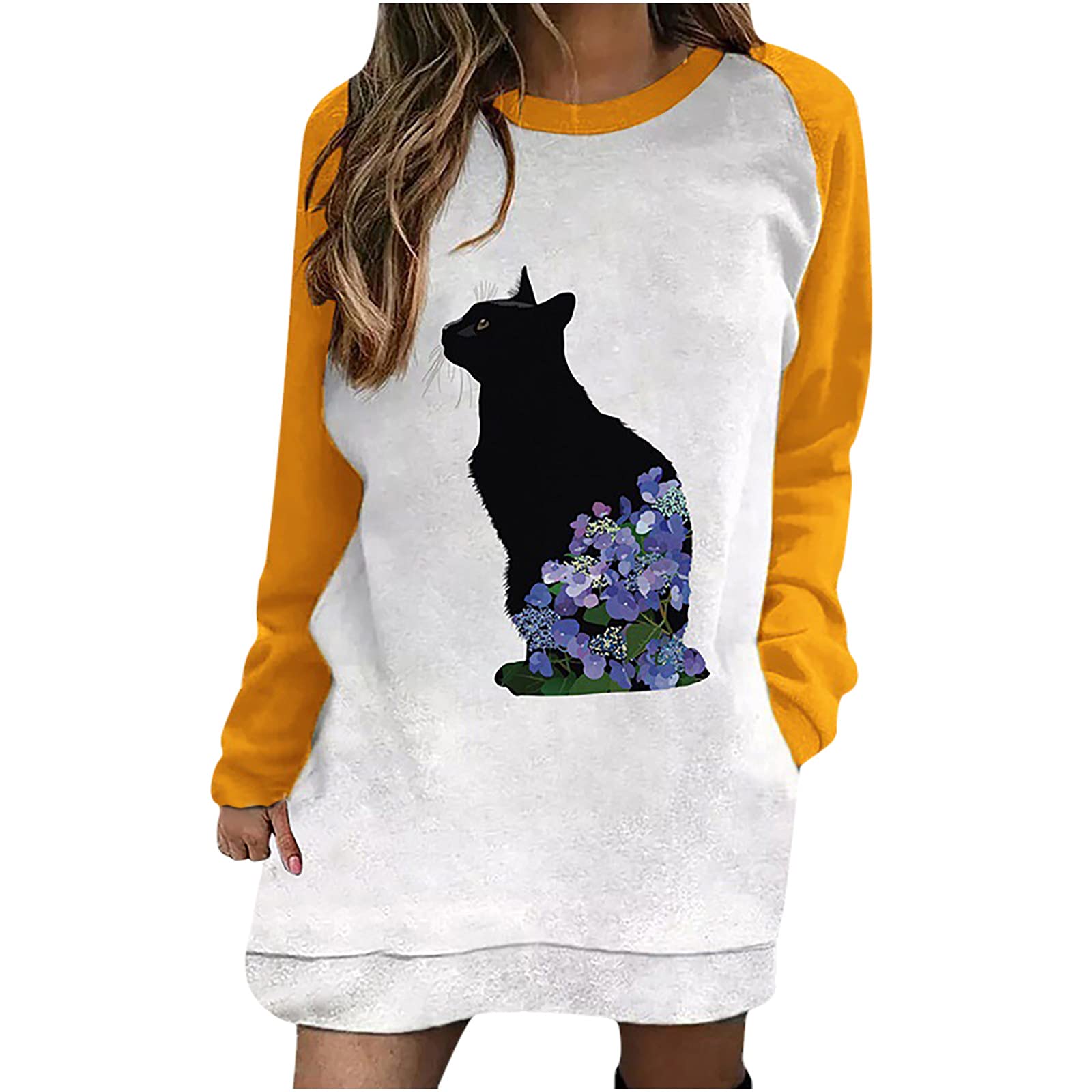 Women's Cute Cat Print Sweatshirt Dress - Long Sleeve Crew Neck Casual Mini Tunic Top for Ladies | Perfect for Fall Outfits, Lounge Wear & Street Fashion