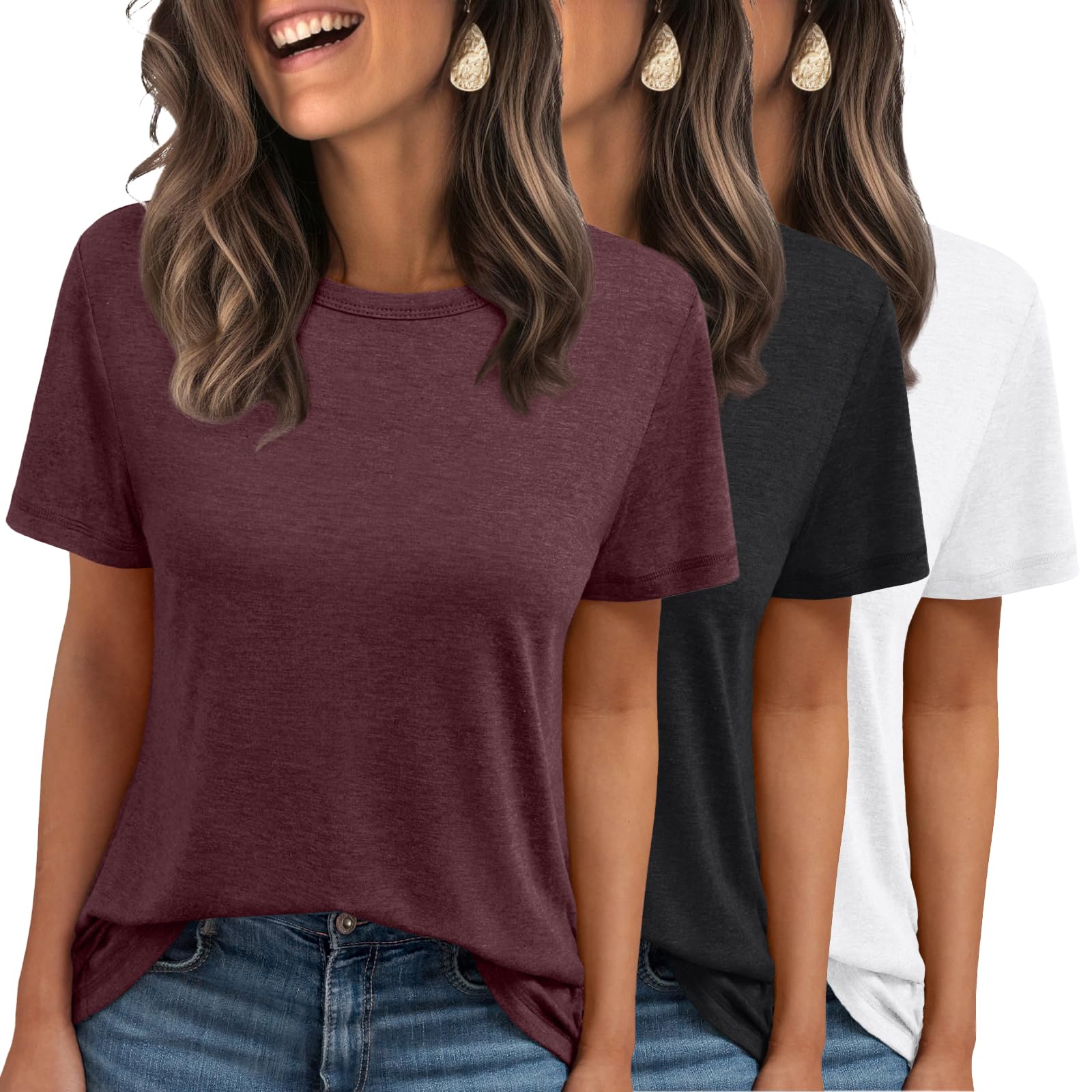 Women's 3 Pack Short Sleeve T-Shirts - Summer Basic Tees for Casual Wear, Vacation Outfits & Workout Clothes | Soft & Comfortable Cotton Tops | Perfect for Daily Wear, Gym, Travel & Beach 2025