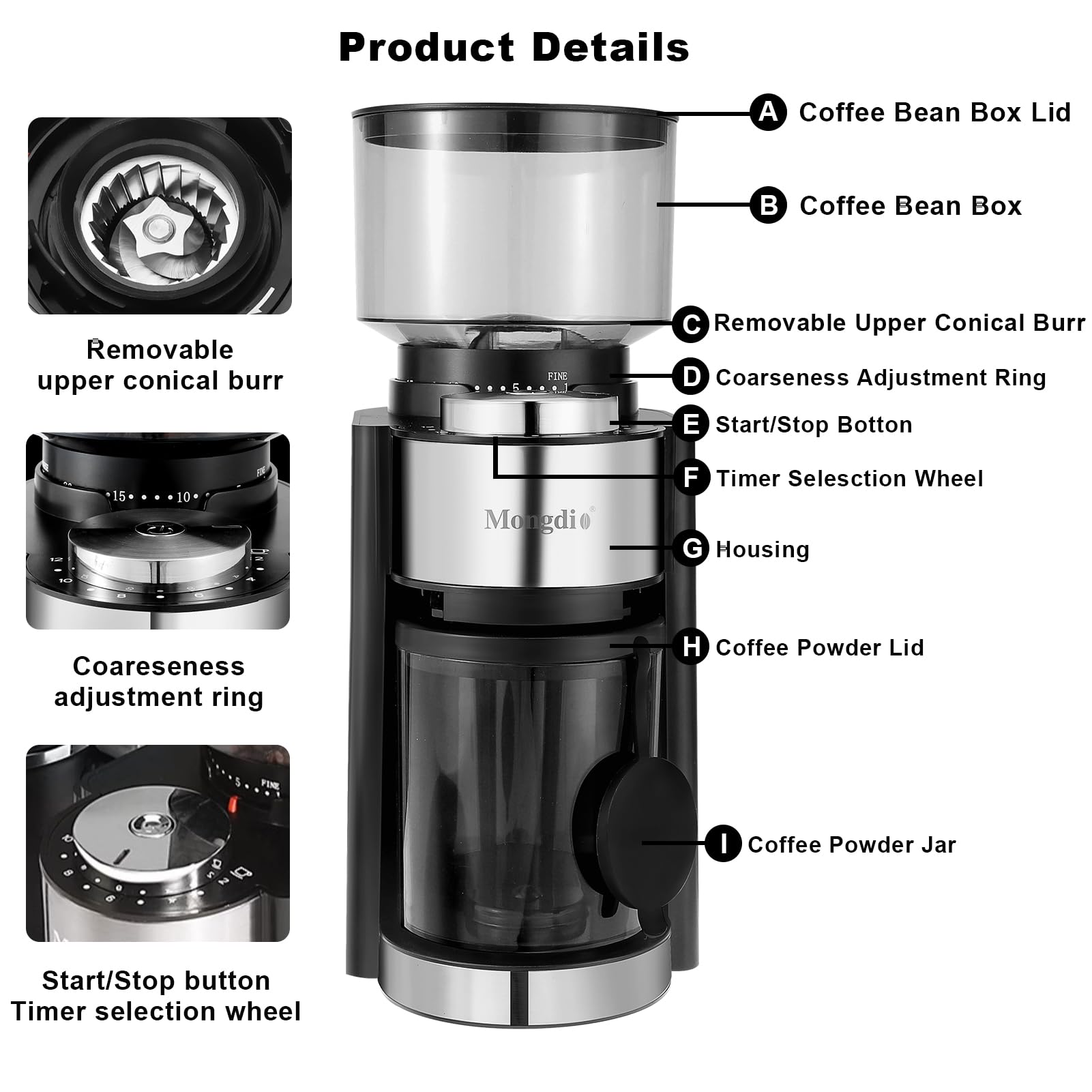 Premium Mongdio Electric Burr Coffee Grinder - 25 Precise Grind Settings for Espresso, Drip, Cold Brew & French Press - Professional Coffee Bean Grinder for Home & Office Use - Perfect for Morning Brews & Entertaining Guests - Sleek Black Design