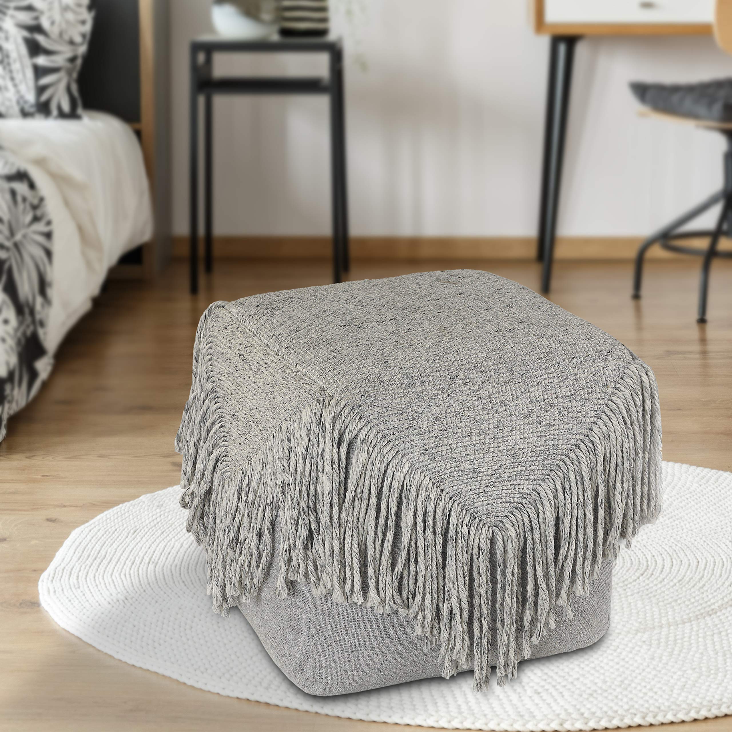 LR Home Evette Rios Gray Distressed Wool Blend Square Ottoman Pouf - Handmade Modern Foot Rest & Decorative Accent for Bedroom, Living Room - 18