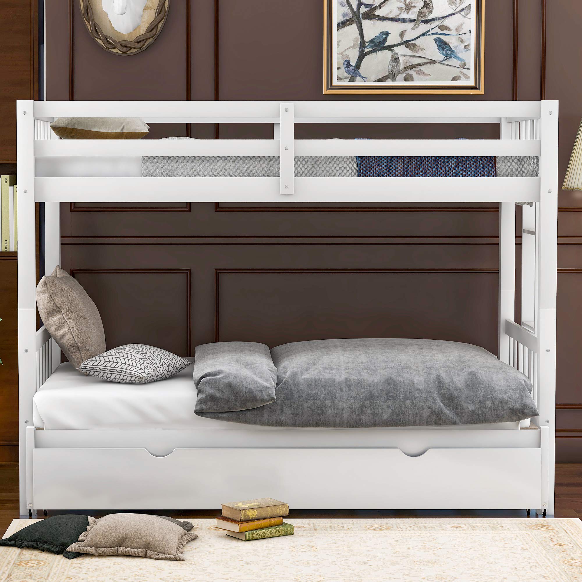 KLMM Twin Over Pull-Out Bunk Bed with Trundle - Solid Wood Twin/Twin, Twin/Full, Twin/Queen or Twin/King Size - Extendable Bunk Bed with Ladder & Safety Rail for Kids & Adults - Space Saving Solution for Small Bedrooms, Guest Rooms & Vacation Homes (White)