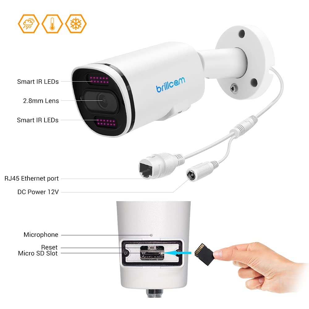 Brillcam 4K PoE Security Camera - 8MP Outdoor Bullet Camera with 115ft Night Vision, 2.8mm Lens, Built-in Mic & SD Slot (128GB Included) | Human/Intrusion/Motion Detection | Ideal for Home Security, Business Surveillance & Property Monitoring