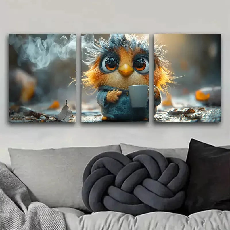 3pcs Cute Playful Little Bird Holding Cup Wall Art Set - Framed Canvas 50x70cm - High Quality Print - 100% Australian Made - Ready to Hang - Perfect for Living Room, Bedroom & Nursery Decor