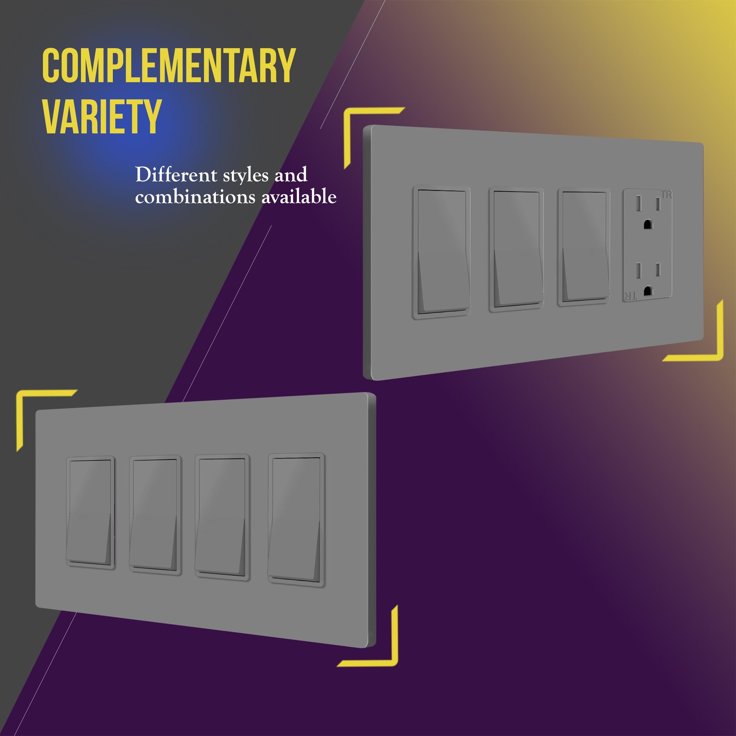 ENERLITES Screwless Decorator Wall Plates - Child Safe Outlet Covers, Glossy Gray Finish, Medium Size 4-Gang (4.88