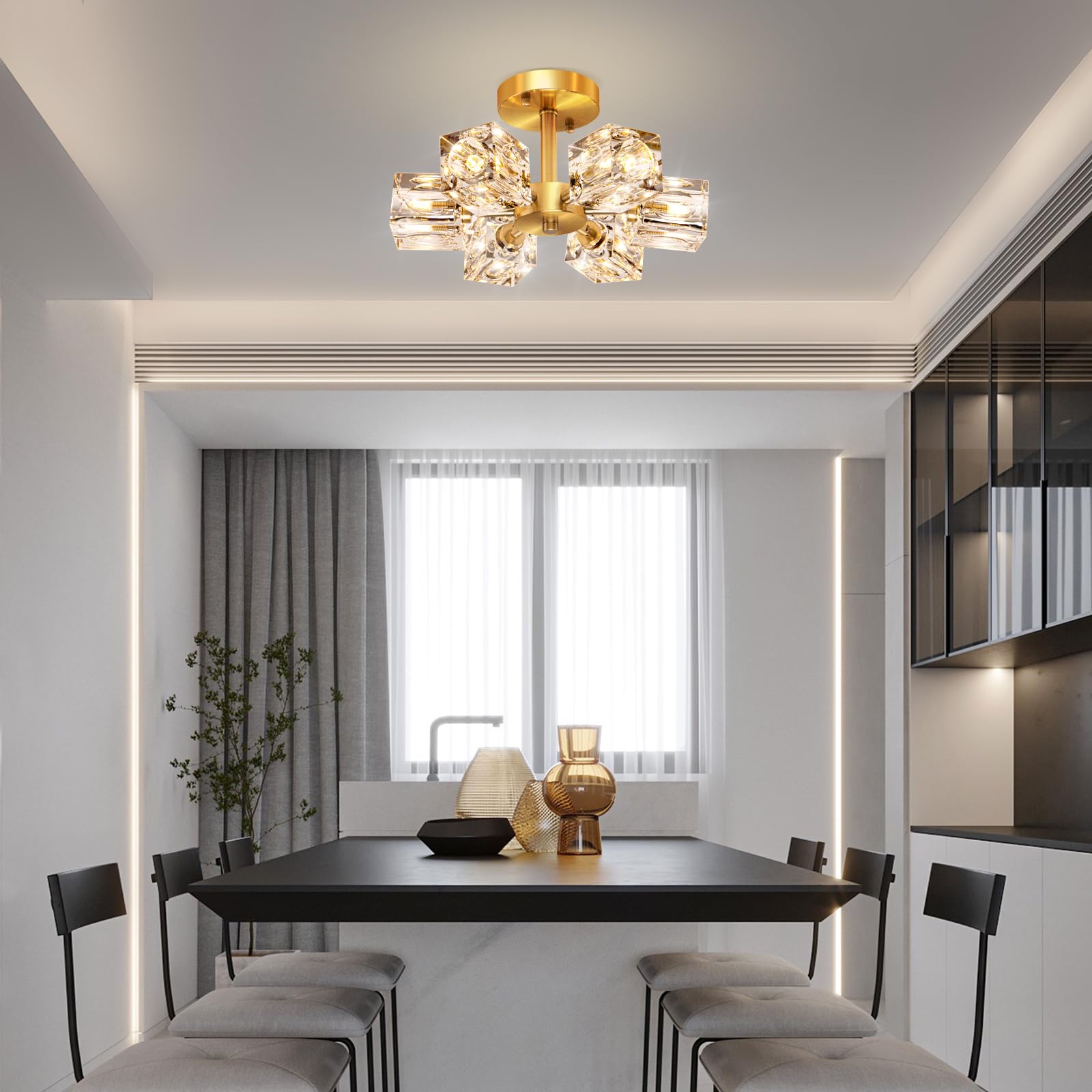 Modern 6-Light Gold Crystal Chandelier - Semi Flush Mount Ceiling Light Fixture with Brushed Nickel Finish | Elegant Sputnik Chandelier for Hallway, Entryway, Bedroom, Dining Room, Farmhouse Kitchen & Office | Perfect for Dining Room Ambiance and Bedroom Lighting
