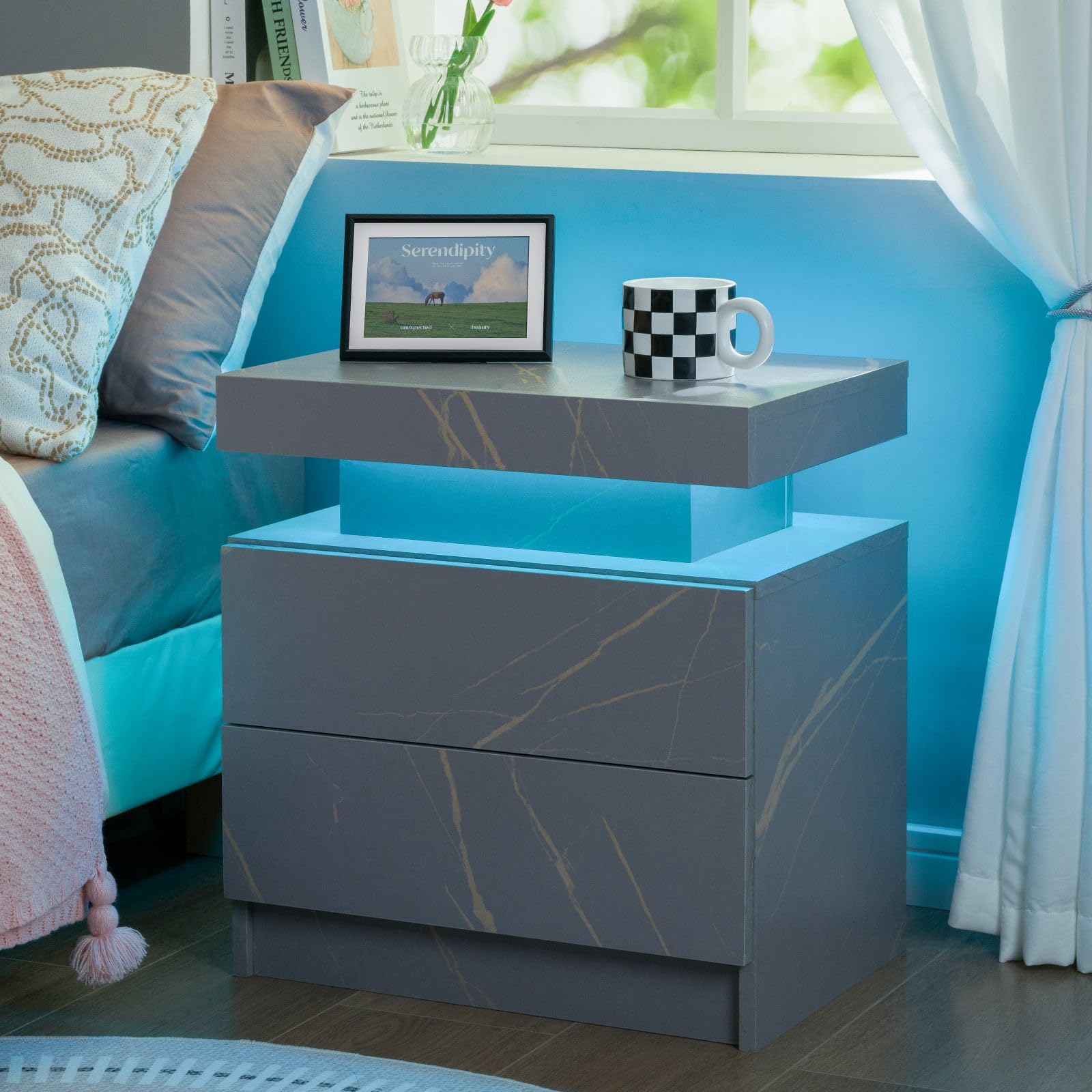 2 Drawer LED Nightstand Set of 2 - Modern Bedside Table with Soft Glow Lighting for Bedroom, Living Room or Dorm - Wooden End Table with Storage Space & USB Charging Ports