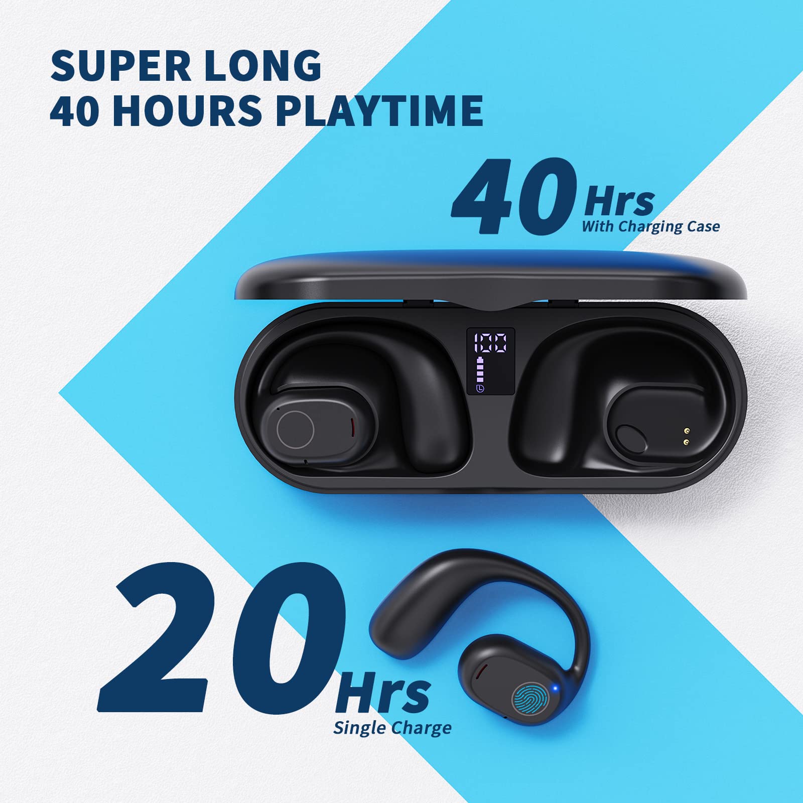 Open Ear Headphones Wireless, Bluetooth 5.3 Air Conduction Earbuds with Mic - 40H Playtime, IPX6 Waterproof, LED Display Charging Case & Secure Ear Hooks for Running, Cycling, Workouts (Black) - Perfect for Outdoor Sports & Gym Training