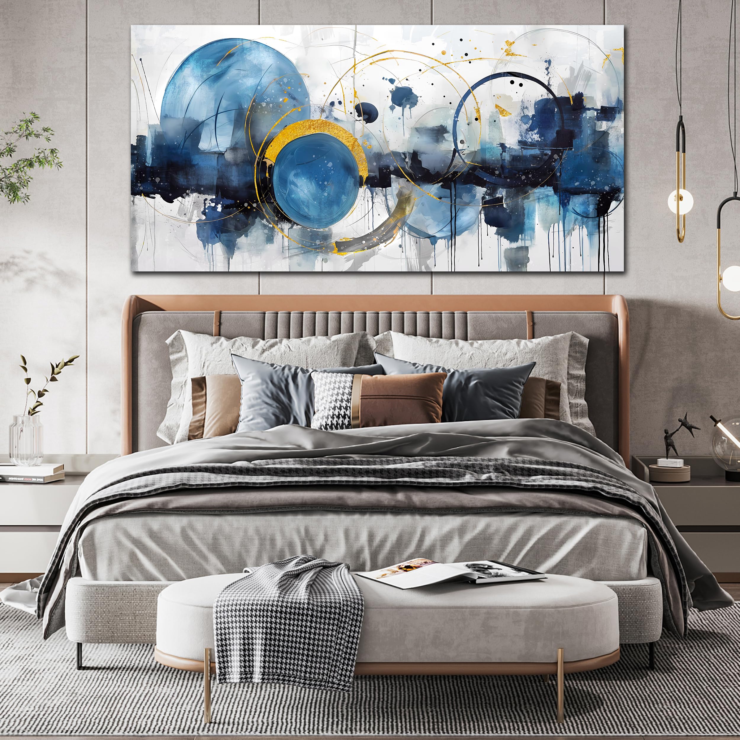 Modern Abstract Wall Art - Blue Contemporary Canvas Painting for Home & Office Decor - Ready to Hang 29x59 Inches - Perfect for Living Room, Bedroom & Teen Room Aesthetic