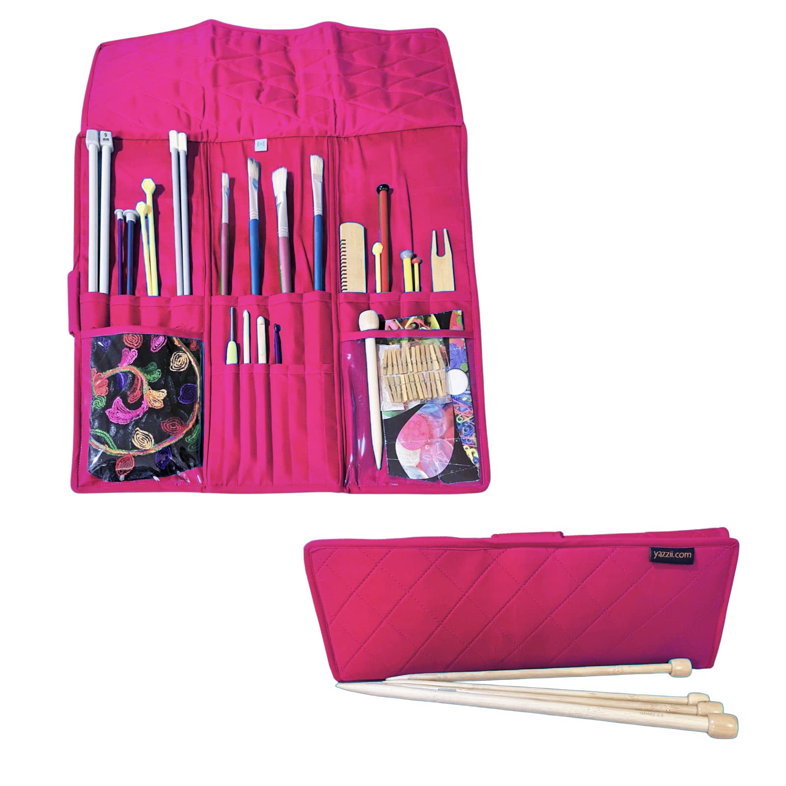 Yazzii Knitting Needles Case - Portable Travel Organizer for Crochet & Knitting Needles - Rolling Storage Pouch with Multiple Pockets - Perfect for Crafters, Knitters & On-the-Go Projects (Fuchsia)