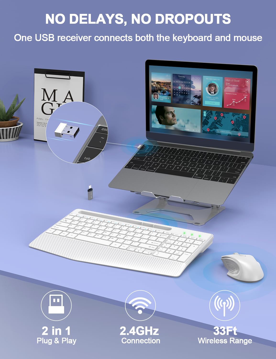 Ergonomic Wireless Keyboard and Mouse Combo with Wrist Rest - 2.4G Rechargeable Silent Cordless Keyboard Mouse for Windows Mac PC Laptop - Includes Phone Holder & Sleep Mode (White) | Perfect for Office, Home & Gaming Use