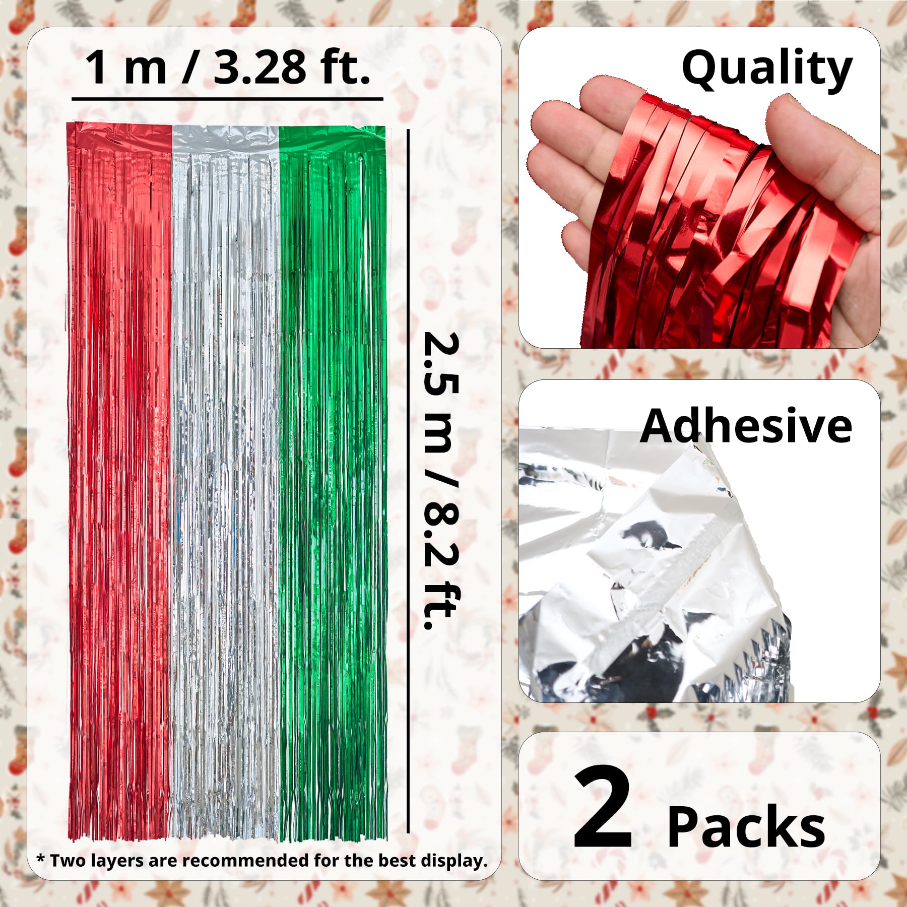 2 Pack 3.2ft x 8.2ft Christmas Foil Fringe Curtain - Metallic Tinsel Backdrop, Green Red Silver Party Decorations for Wall Hanging, Indoor Holiday Party Decor, Xmas Photo Booth & Home Decoration