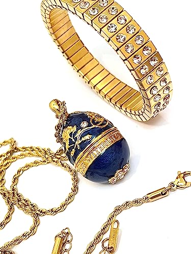Handmade Blue Faberge Egg Necklace Pendant - 24k Gold Bracelet with 114 Austrian Crystals - Elegant Jewelry Set for Women - Perfect for Easter, Weddings & Special Occasions