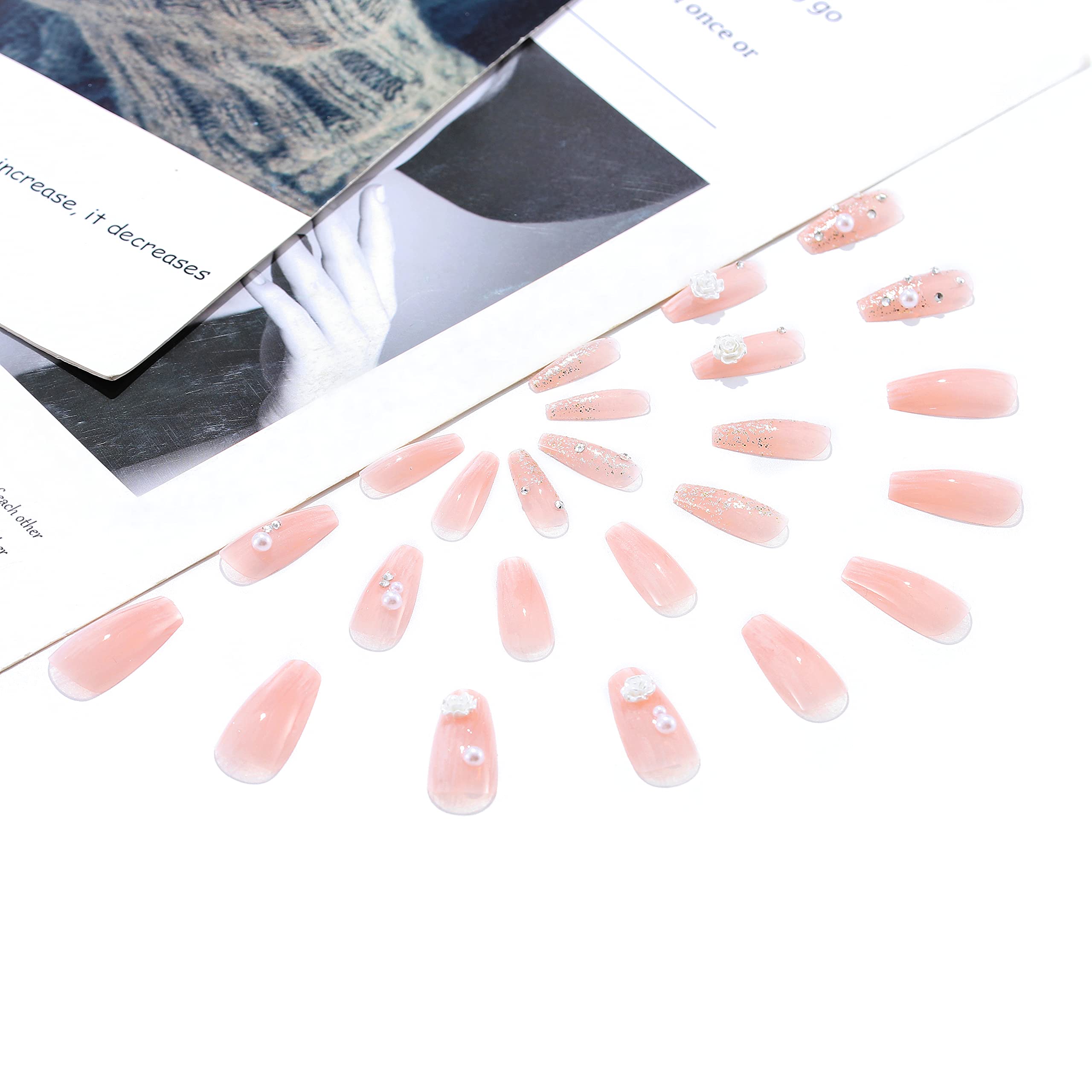 Sethexy Camellia Ballerina Fake Nails - 24Pcs Pink Wedding Press on Nails with Plaster Design | Handmade Stick on Nail Tips for Women & Girls | Perfect for Bridal Showers, Prom, Date Nights & Special Occasions