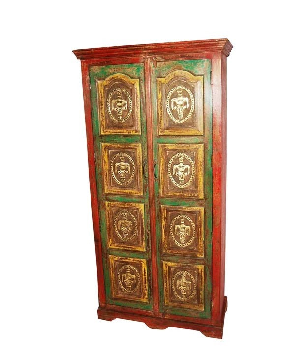 Vintage Style Wooden Almirah with Antique Brass Embossed Work & Brass Finish - Perfect for Bedroom, Living Room & Office Storage