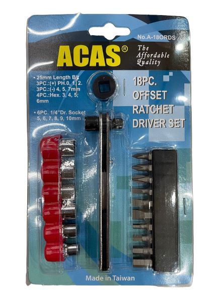 ACAS 18-Piece Offset Ratchet Driver Set - Professional Ratcheting Screwdriver Kit for Automotive, Electronics & Home Repair - Perfect for Tight Spaces and DIY Projects