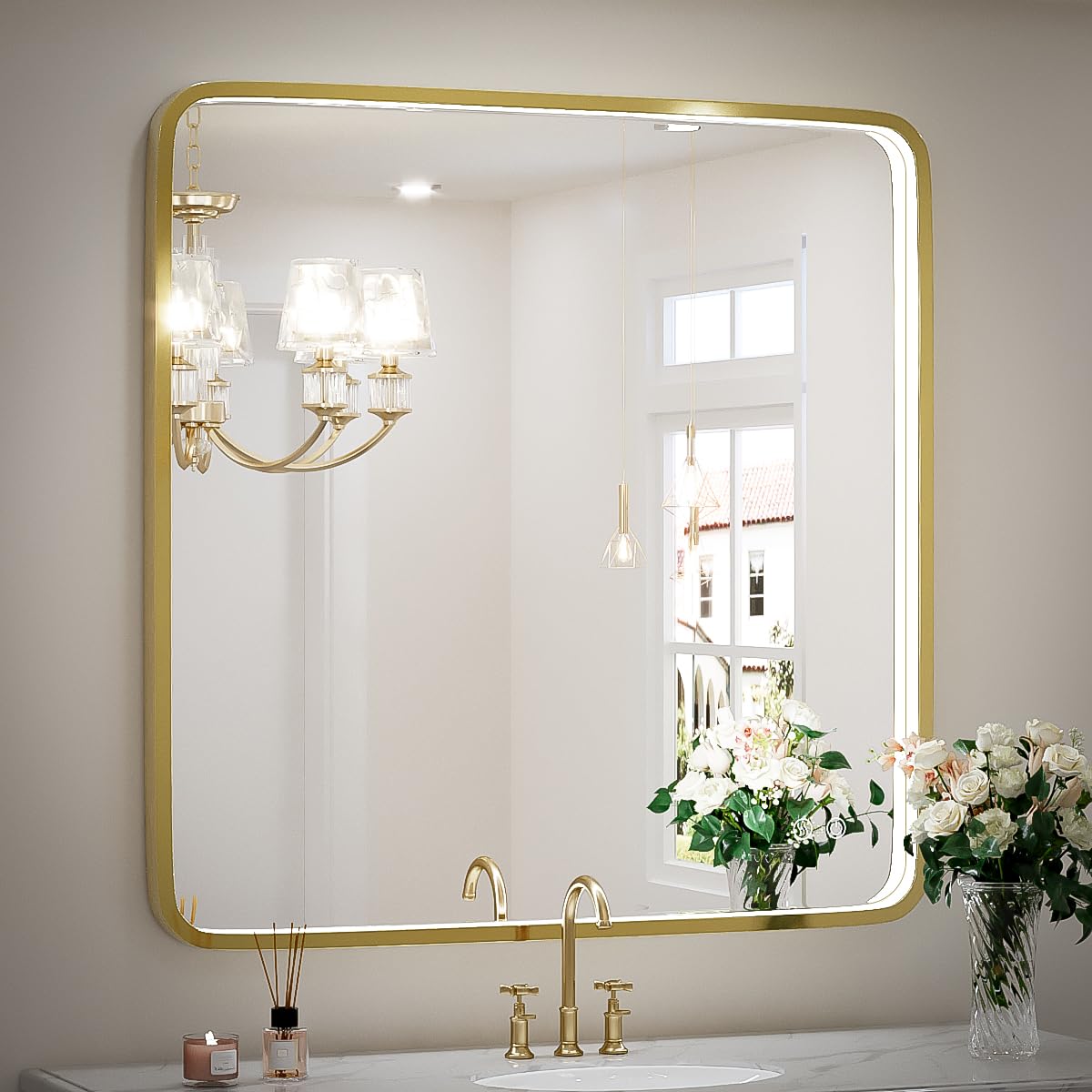 36x36 Inch Gold Framed LED Bathroom Mirror with Dimmable Lights - Anti-Fog Design, 6000K Daylight, Touch Switch - Perfect for Wall Mounting, Vanity Makeup & Modern Bathroom Decor