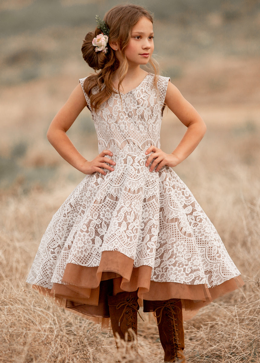 Lezah Flower Girl Dress in Chai - Elegant Lace Tea-Length Dress for Weddings & Special Occasions