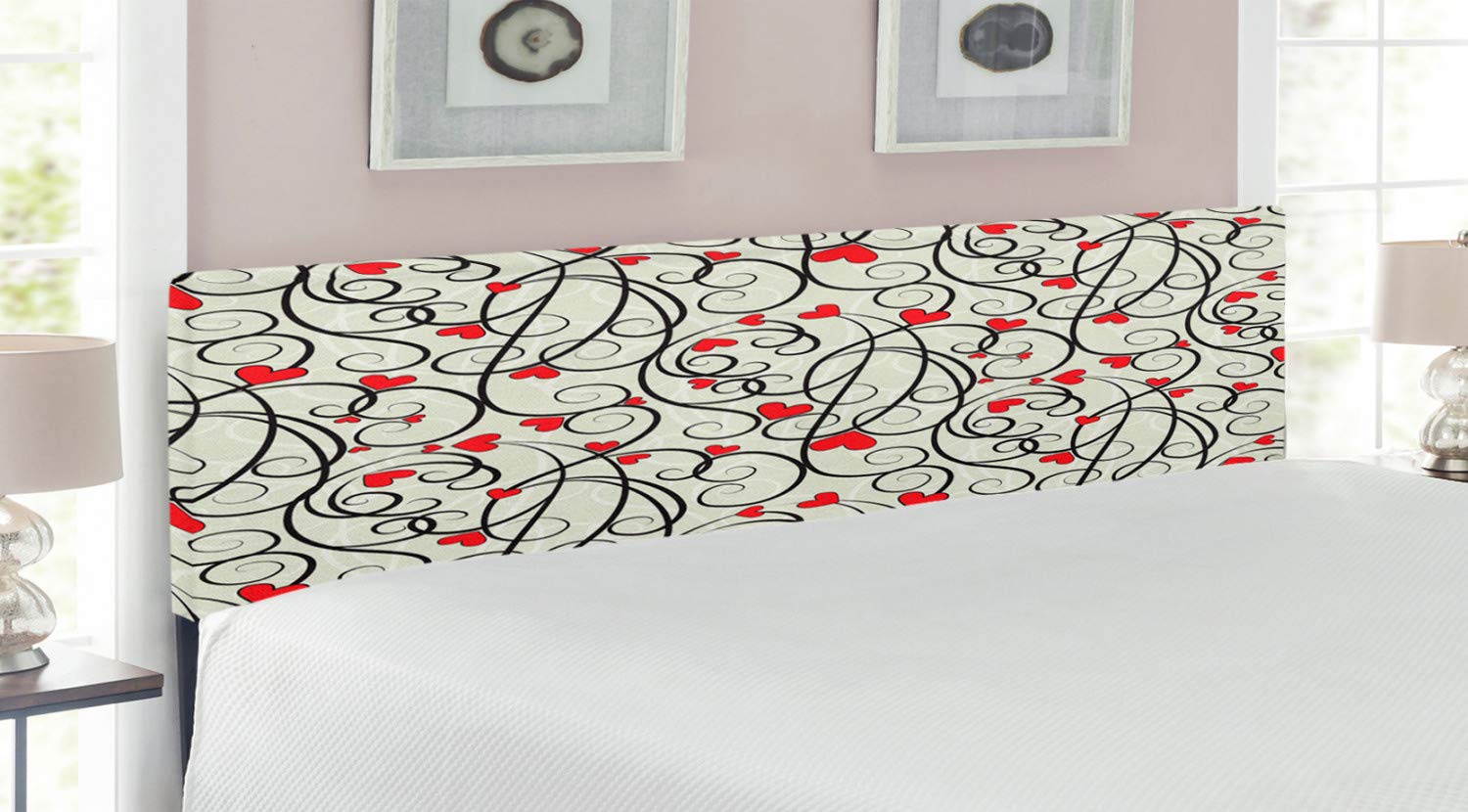 Ambesonne Love Headboard - King Size Upholstered Metal Bed Frame with Memory Foam, Wave Floral Heart Design in Eggshell Vermilion Black | Perfect for Master Bedroom, Guest Room & Home Decor