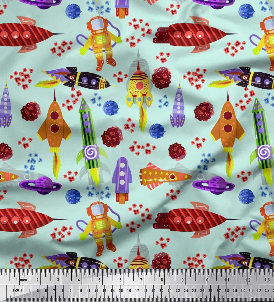Soimoi Poly Georgette Green Fabric by The Yard - 52 Inch Wide Rocket Planet Astronaut Cartoon Printed Fabric for DIY Dresses, Curtains & Home Decor - Galactic Adventures Space Theme Material
