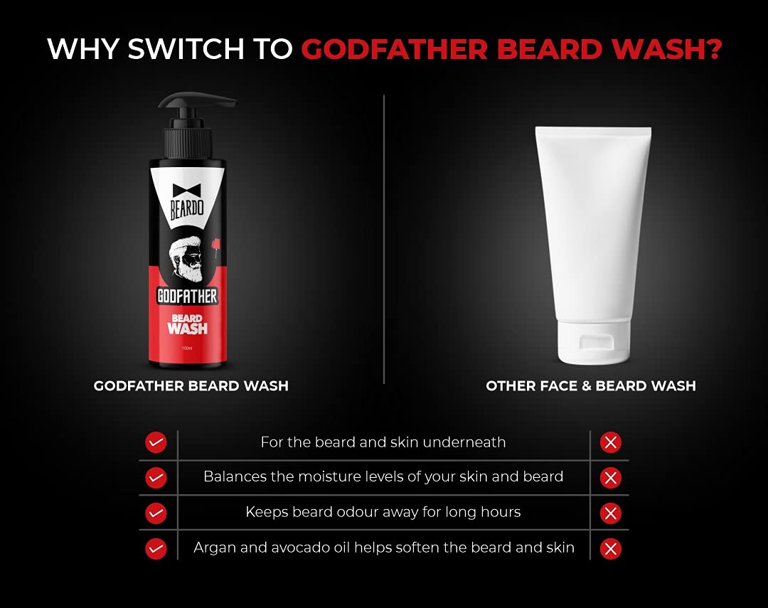 Beardo Natural Black Beard Color for Men 60ml + Godfather Beard Wash 100ml (2-Pack) | Purifying & Hydrating Beard & Skin Cleaner with Avocado & Argan Oil | Easy Application, Stain-Free Hair Dye | Skin-Friendly Formula | Perfect for Daily Grooming & Professional Styling