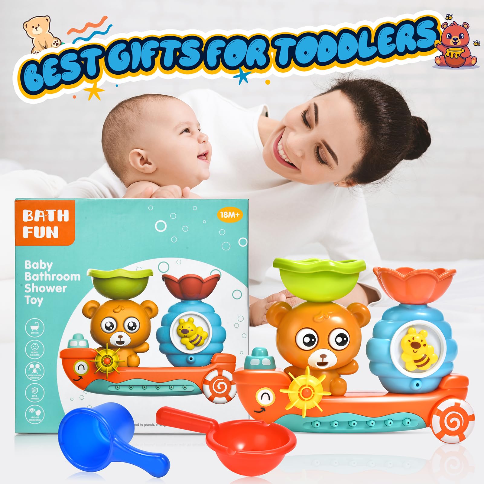 Best Bath Toys for Toddlers 1-5 Years - Waterproof Baby Bathtub Toys for Boys & Girls - Sensory Bath Time Fun for 6-18 Months - Perfect Gift for Birthdays & Holidays - Great for Splashing, Learning & Developing Motor Skills