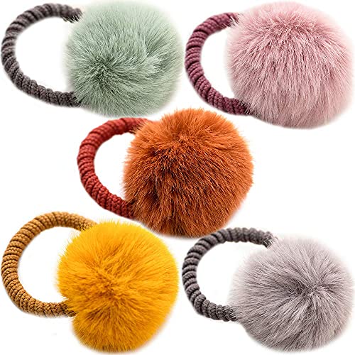 BAKEFY 5-Piece Ball Pom Pom Scrunchies - Soft Elastic Ponytail Holders for Women & Girls - Cute Hair Accessories Set (5PCS) - Perfect for School, Work, Parties & Everyday Use