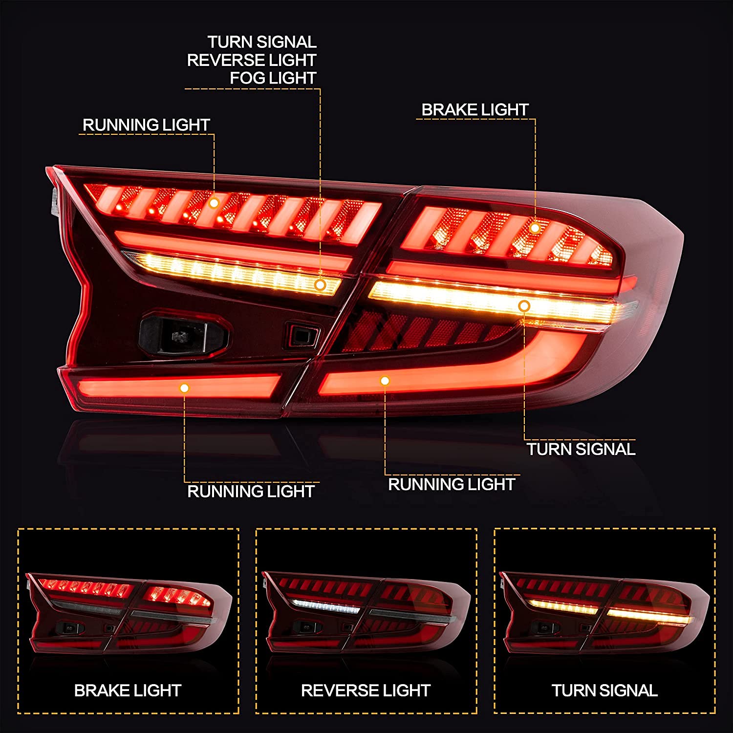 VLAND LED Tail Lights Assembly for Honda Accord 10th Gen (2018-2022) - Sequential Turn Signals, Bright Reverse Lights, Plug & Play Installation - Red Lens Style | Upgrade Your Car's Rear Lighting for Night Driving & Enhanced Safety