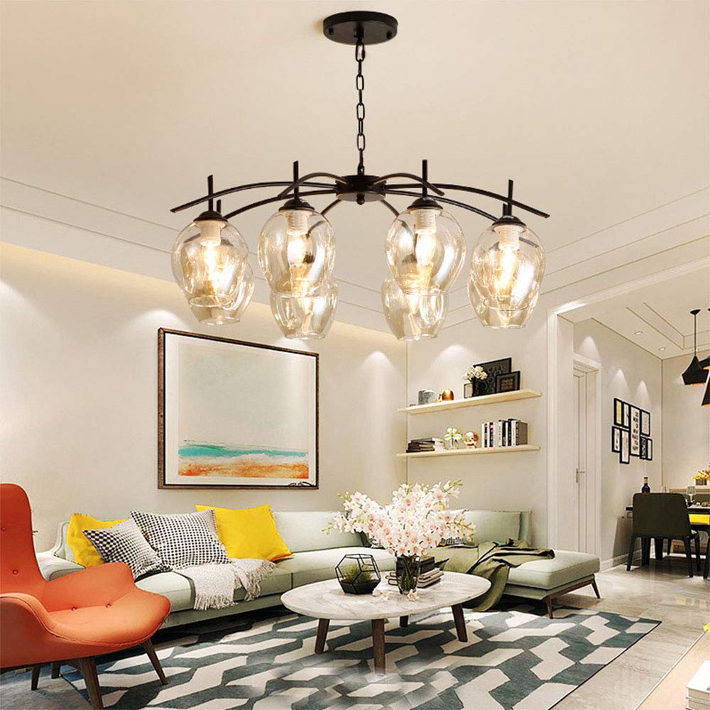 Modern Nordic Magic Bean Chandelier - 8-Light E26 Ceiling Pendant Light with Glass Shade for Living Room, Dining Room, Bedroom & Restaurant | Black Finish | Elegant Lighting for Home Decor & Commercial Spaces