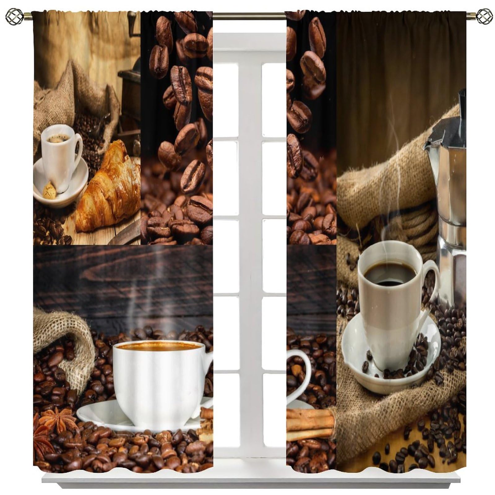 Coffee Kitchen Curtains 42x45in, Coffee Beans Design on Wooden Grunge Background, 2 Panel Window Drapes for Kitchen and Cafe Decor, Perfect for Home and Commercial Use