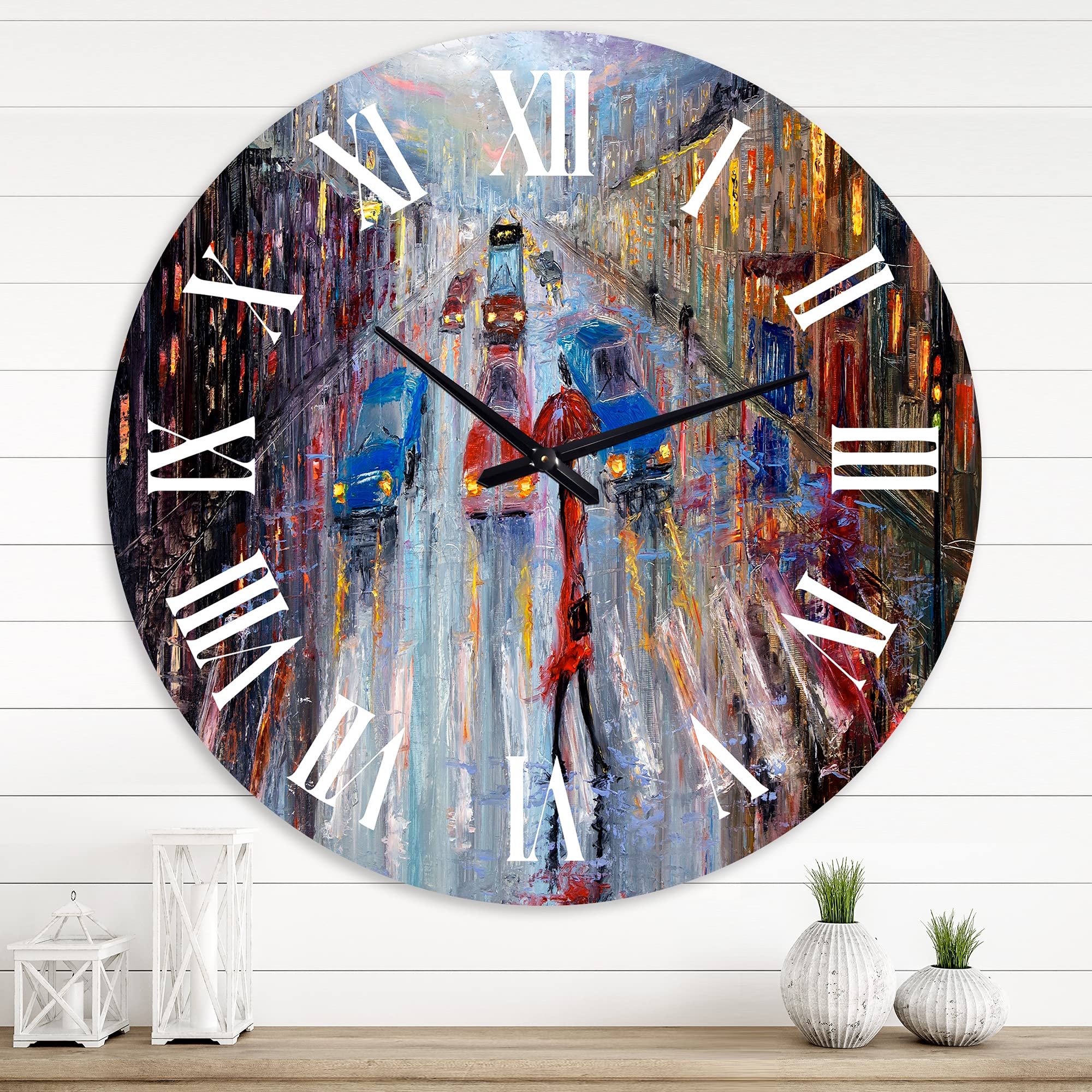 DesignQ Traditional Wall Clock 'Woman in Red Crossing The Street' - Large Decorative Clock for Office, Living Room & Bedroom - Vintage Art Wall Decor for Home & Workspace