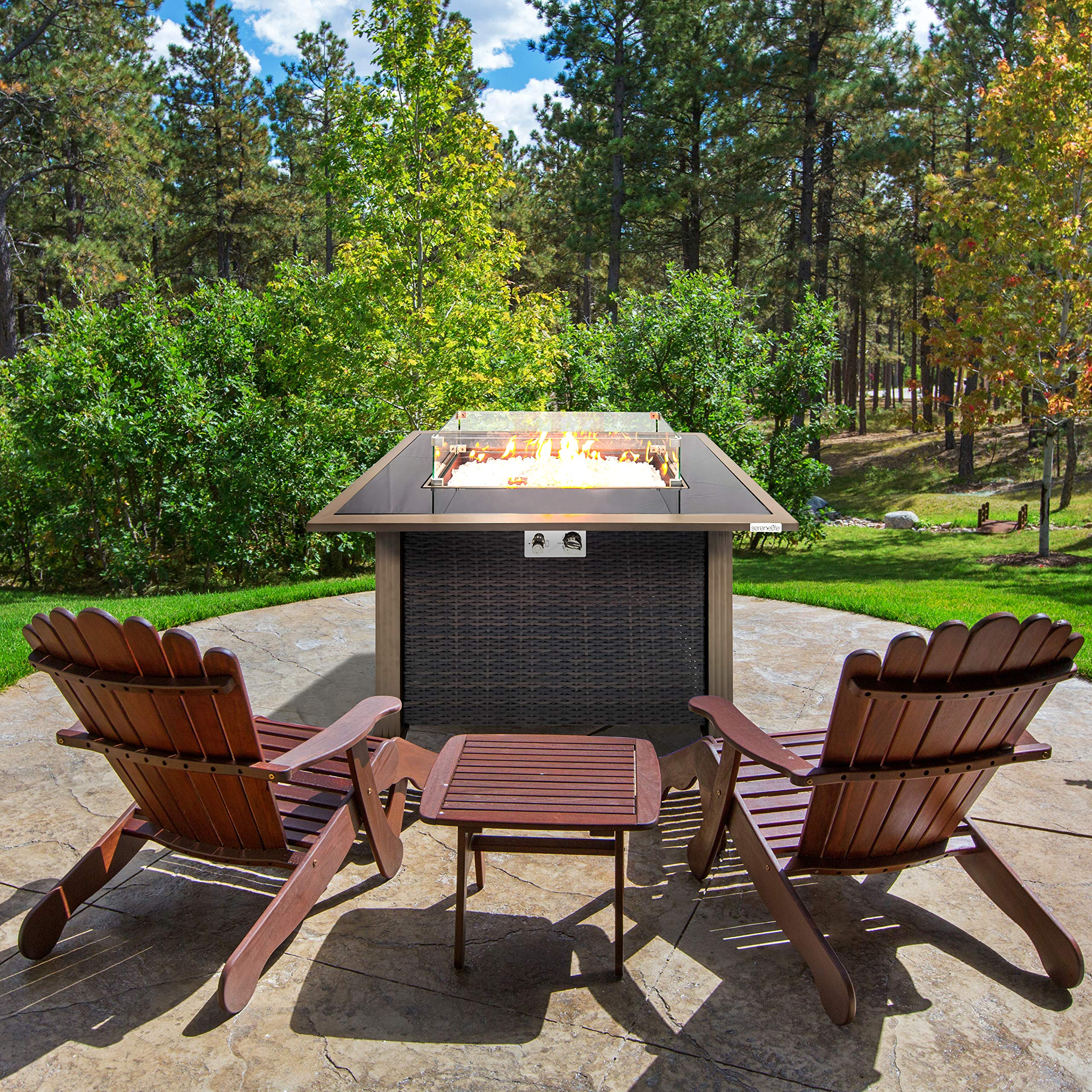 SereneLife 50,000 BTU Outdoor Propane Fire Pit Table with Auto-Ignition - Elegant Gas Fire Table with Rattan Panel, Black Tempered Glass Top & Wind Guard - Perfect for Patio, Backyard, Deck & Garden Gatherings - CSA Approved