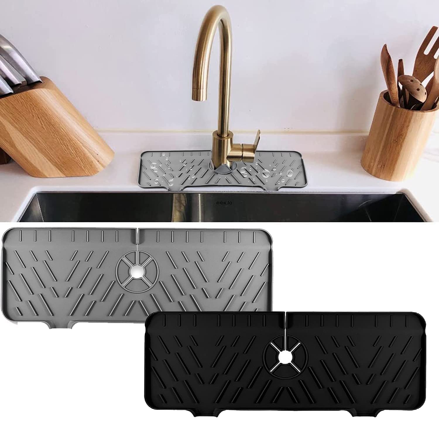 Premium Silicone Faucet Drip Catcher Tray - Non-Slip Sink Splash Guard Mat for Kitchen & Bathroom (Black & Grey) | Prevents Water Spills & Keeps Countertops Dry
