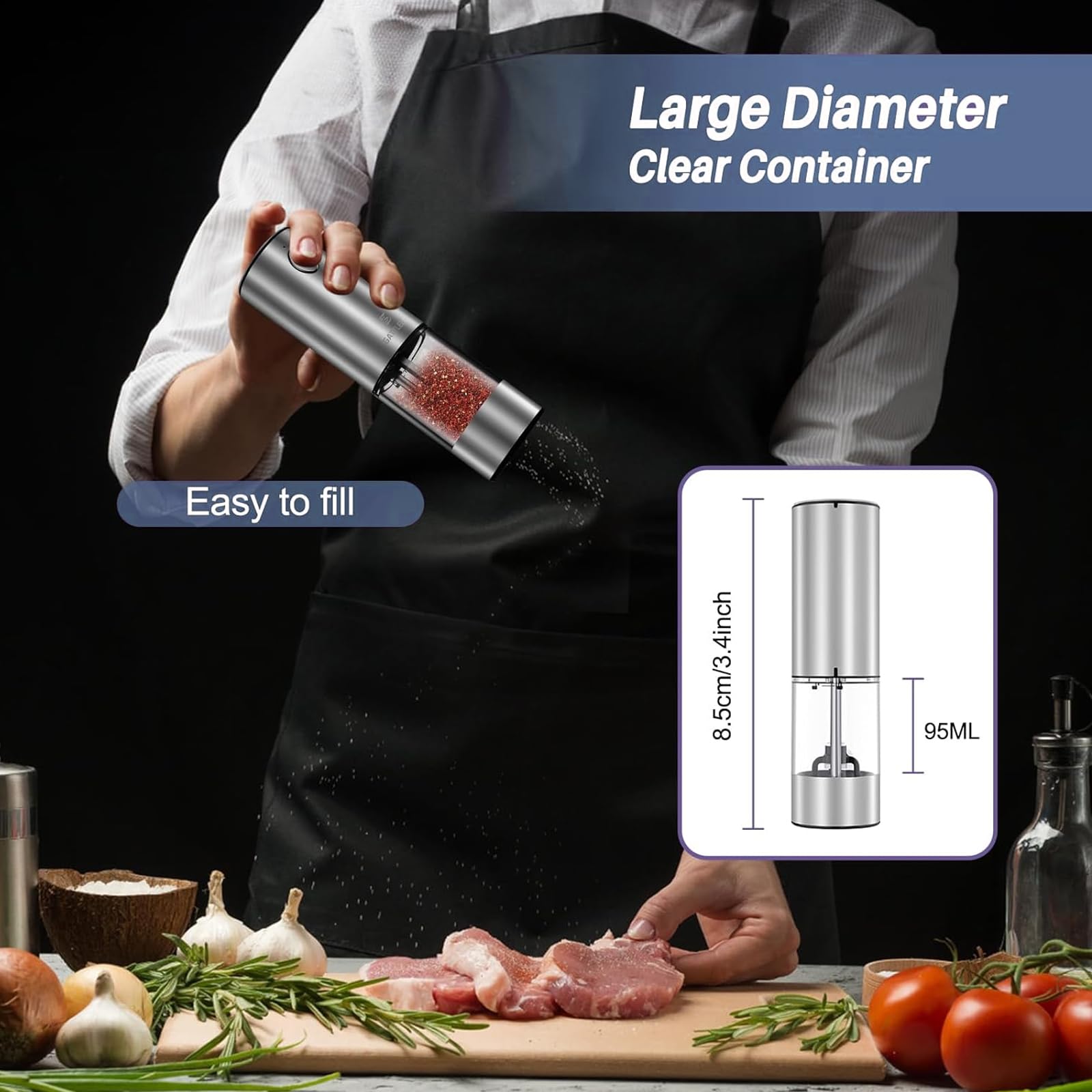 Premium Electric Salt and Pepper Grinder Set - USB-C Rechargeable Stainless Steel Mill with Adjustable Coarseness, Large Capacity & LED Light - 2 Pack with Tray Base - Perfect for Kitchen, Dining Table & Outdoor BBQ