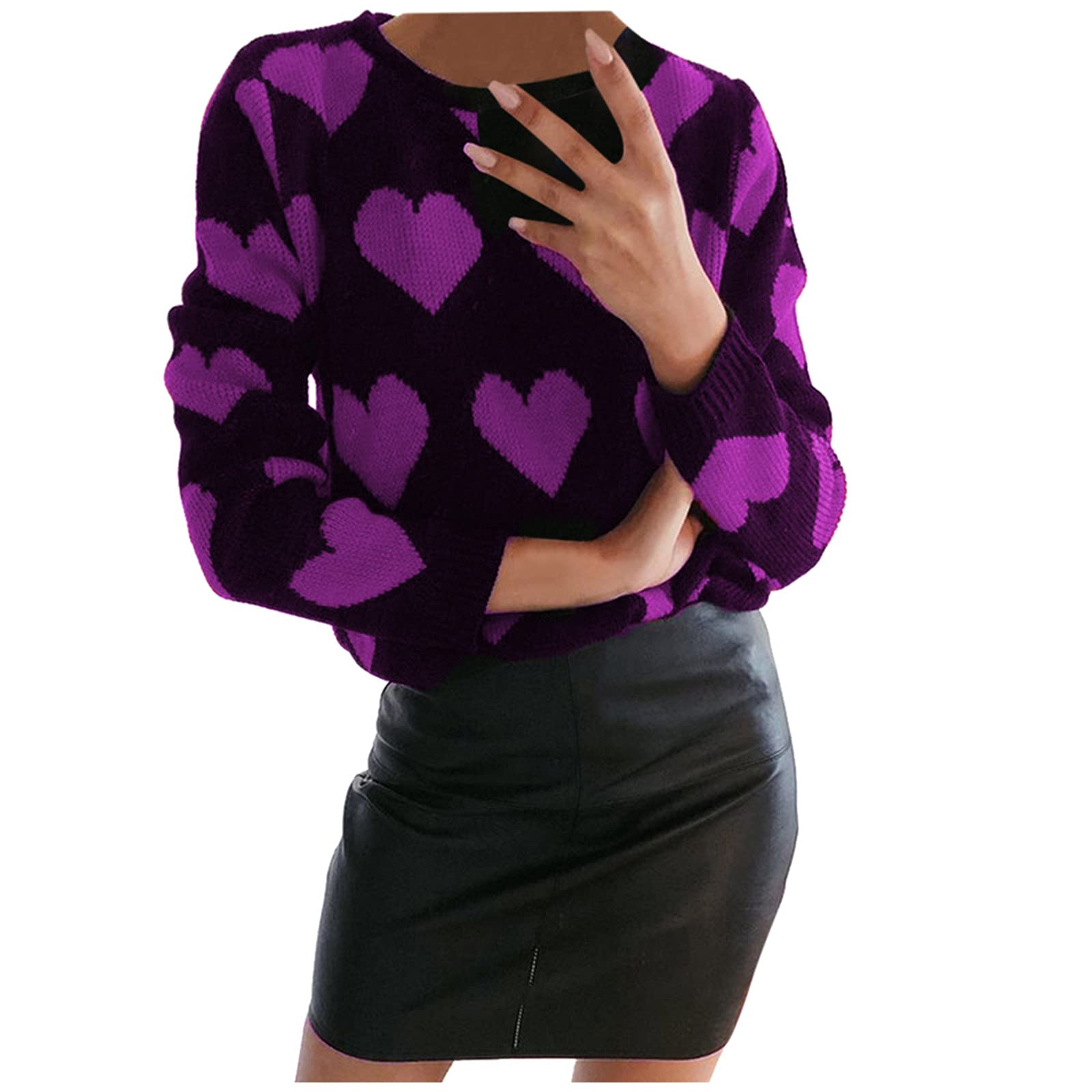ERTG Women's Y2K Heart Print Sweater - Long Sleeve Pullover Knit Top | Casual Loose Fit O-Neck Blouse for Fall & Winter | Perfect for Dating, Office Wear and Weekend Outfits