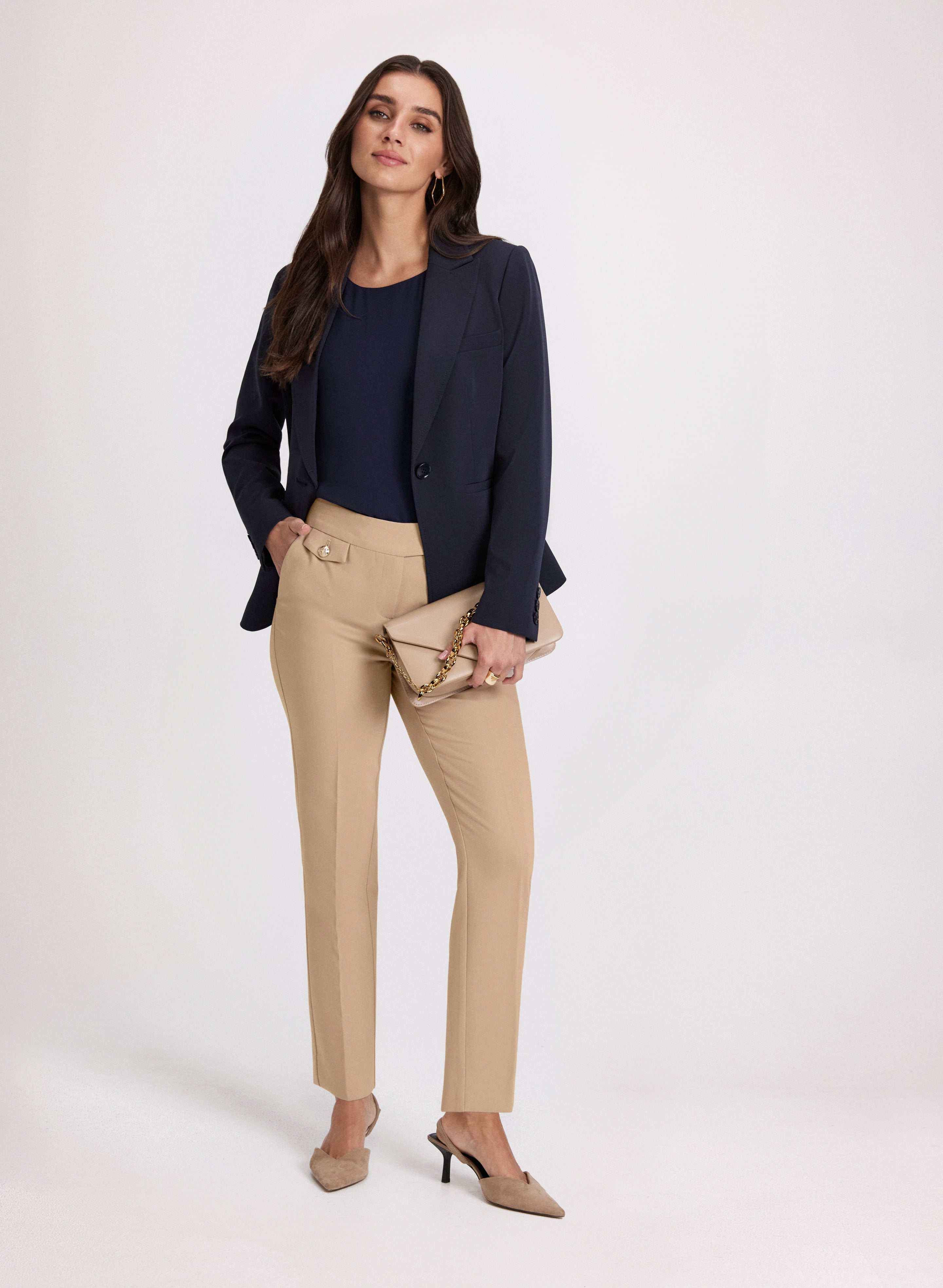 Emma Embossed Button Slim Leg Pants for Women - High Waisted Office Trousers, Stretchy Work Pants for Business Casual & Professional Outfits