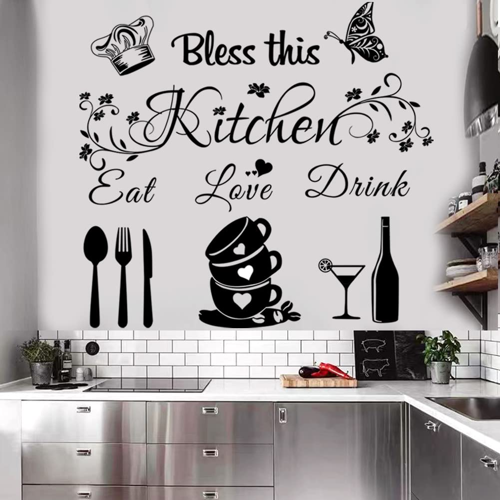 Kitchen Quote Wall Stickers - Vinyl DIY Peel and Stick Wall Art Decor for Home, Office, School & Coffee Shop - Inspirational Dining Room Wall Decals with 'Bless This Kitchen' Design