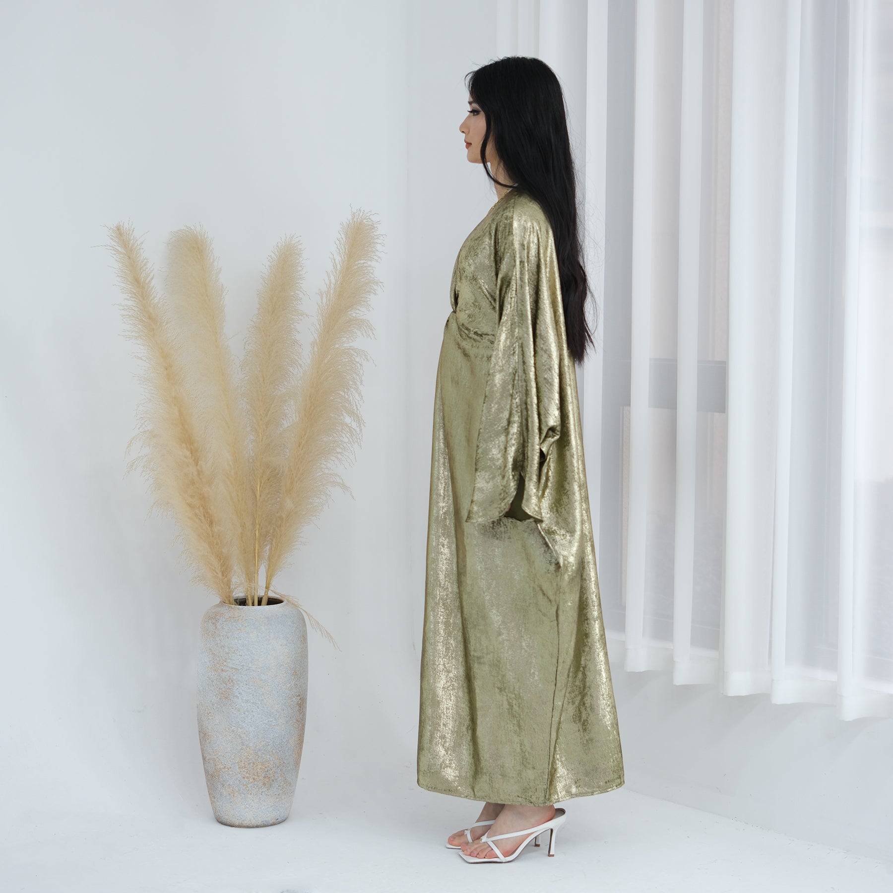 Elegant Florence Knot Shimmer Abaya Dress - Olive Green Islamic Prayer Gown for Women | Perfect for Eid, Mosque, and Special Occasions