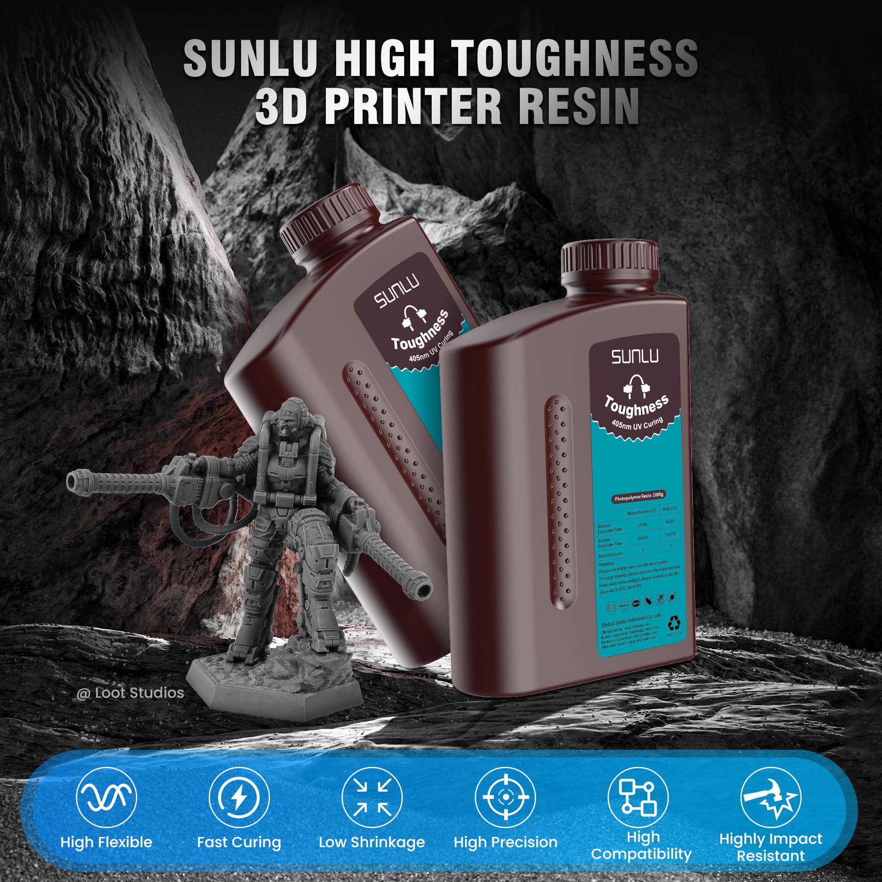 SUNLU 3KG High Toughness 3D Printer Resin - Flexible Photopolymer Resin for LCD/DLP/SLA Printers, 405nm UV Fast Curing, 3000g Dark Grey - Ideal for Prototyping, Miniatures & Functional Parts