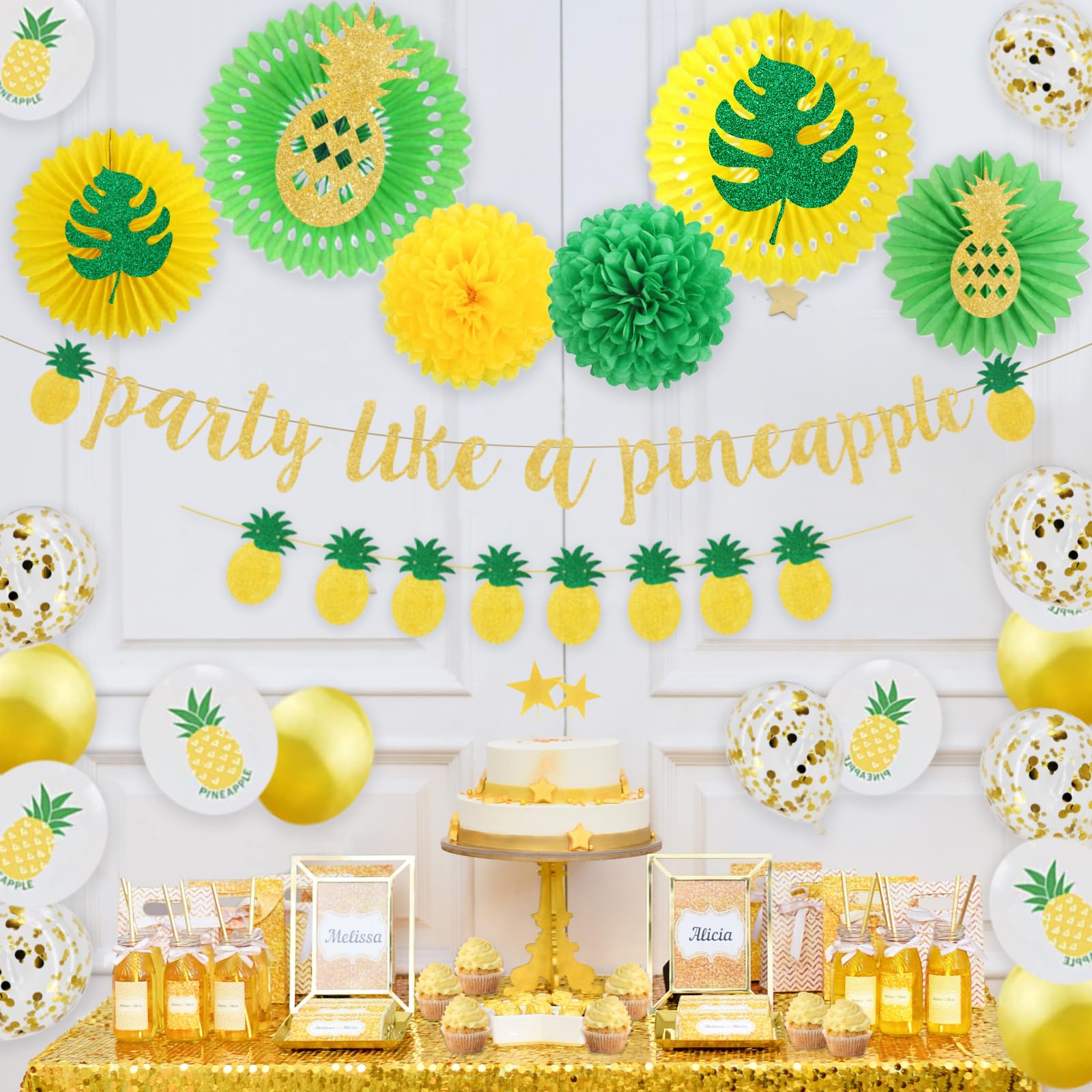 Pineapple Party Decorations & Supplies - Tropical Hawaiian Luau Summer Party Decor Set with Banner, Paper Fans, Leaves & Pineapple Cutouts in Green & Yellow | Perfect for Aloha Themed Parties, Birthday Celebrations & Summer Events
